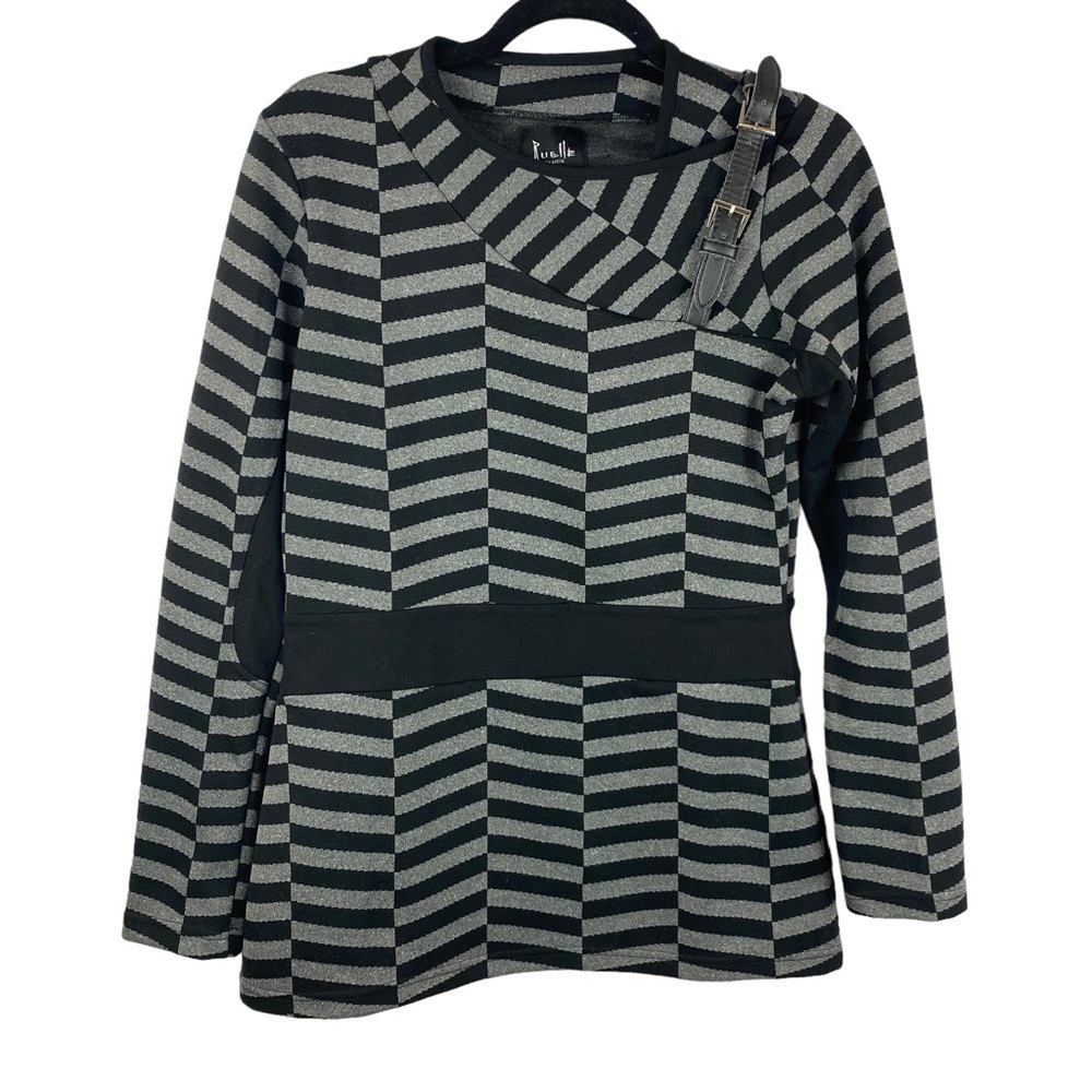 Ruelle Liverpool Black Grey Striped Belt Detail Tunic Top Medium